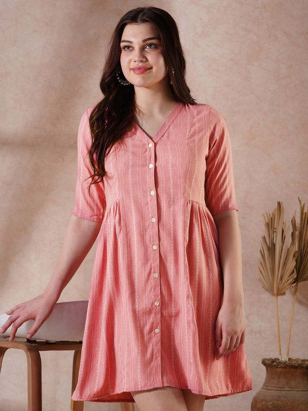 Globus Women Pink Self Design V-Neck Embroidered Detail Button Down A-Line Mini Dress
