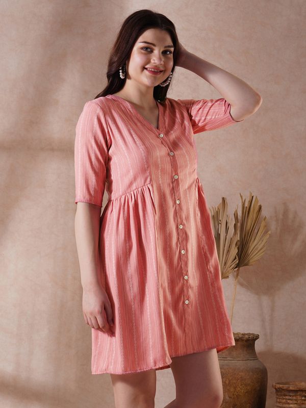 Globus Women Pink Self Design V-Neck Embroidered Detail Button Down A-Line Mini Dress