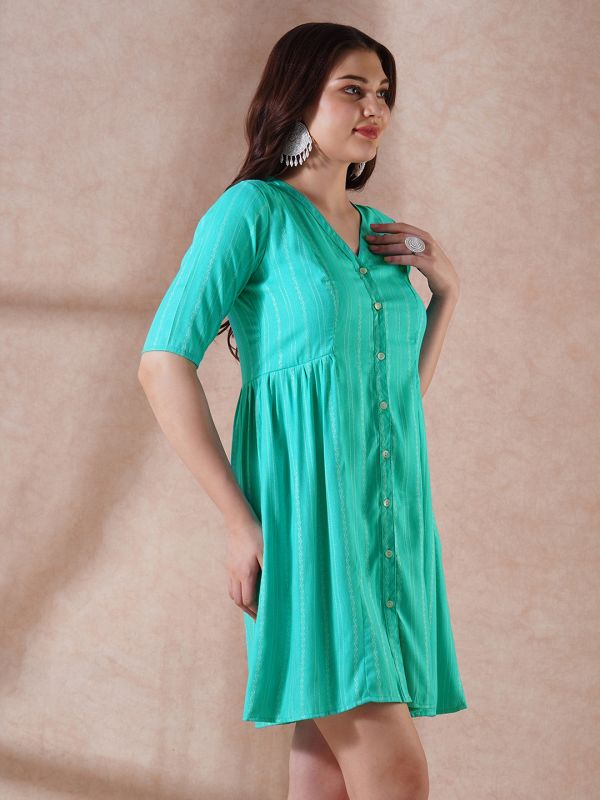 Globus Women Sea Green Self Design V-Neck Embroidered Detail Button Down A-Line Mini Dress