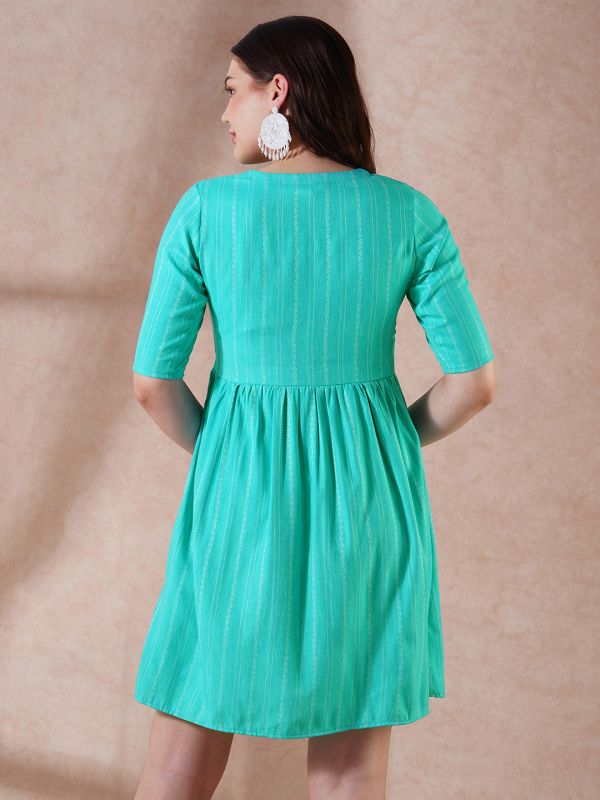 Globus Women Sea Green Self Design V-Neck Embroidered Detail Button Down A-Line Mini Dress