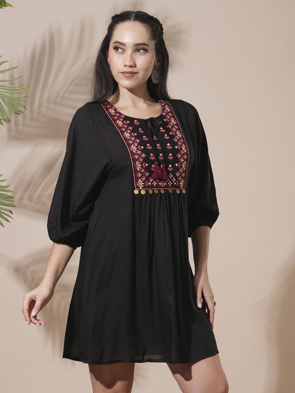 Globus Women Black Embroidered Yoke Tie-Up Detailing Bishop Sleeves Gathered A-Line Mini Workwear Dress