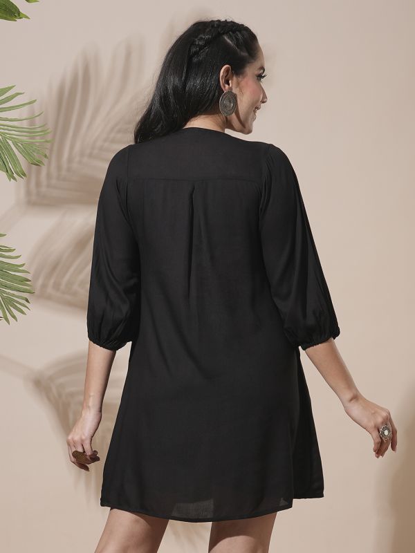 Globus Women Black Embroidered Yoke Tie-Up Detailing Bishop Sleeves Gathered A-Line Mini Workwear Dress