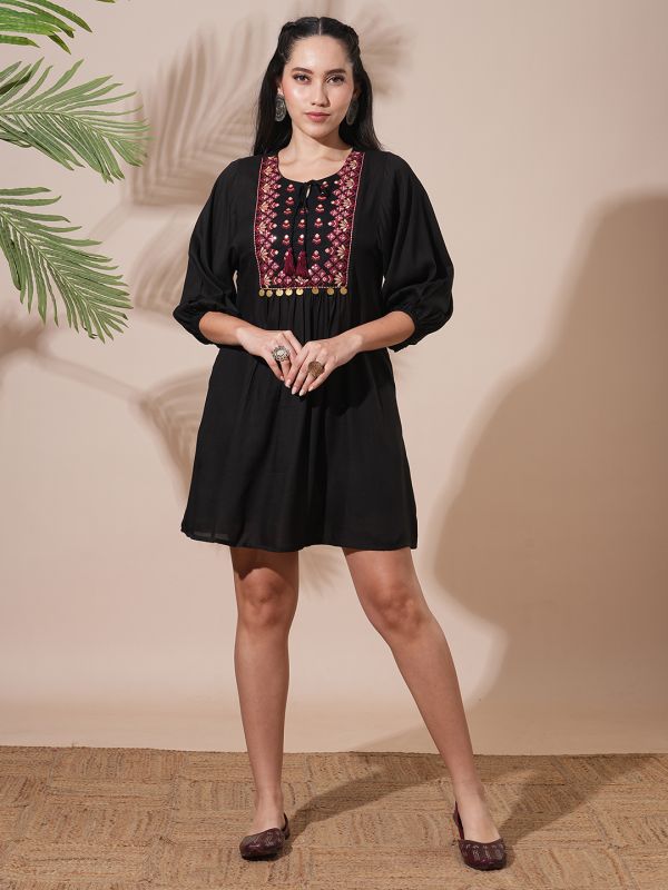 Globus Women Black Embroidered Yoke Tie-Up Detailing Bishop Sleeves Gathered A-Line Mini Workwear Dress