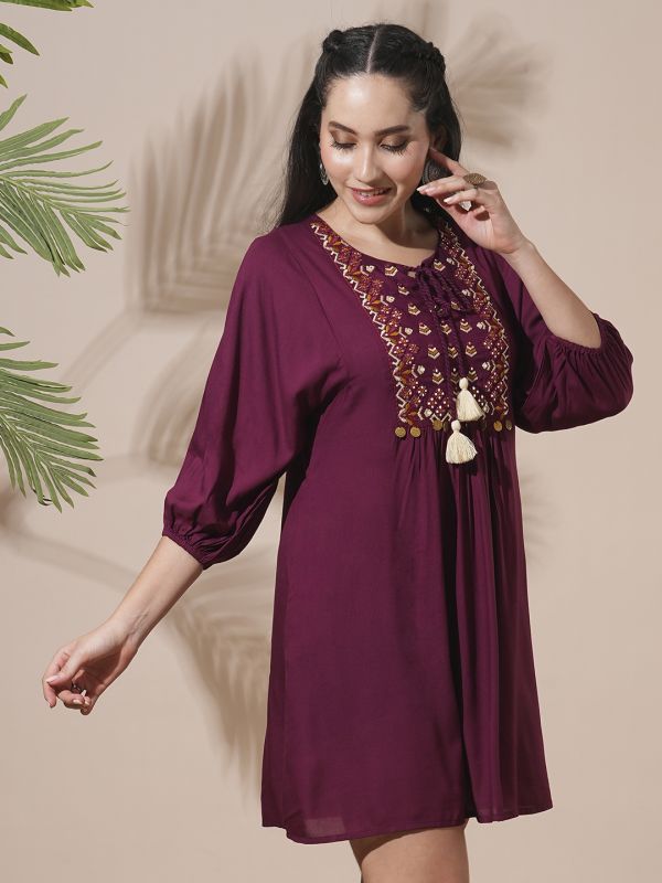 Globus Women Burgundy Embroidered Yoke Tie-Up Detailing Bishop Sleeves Gathered A-Line Mini Workwear Dress