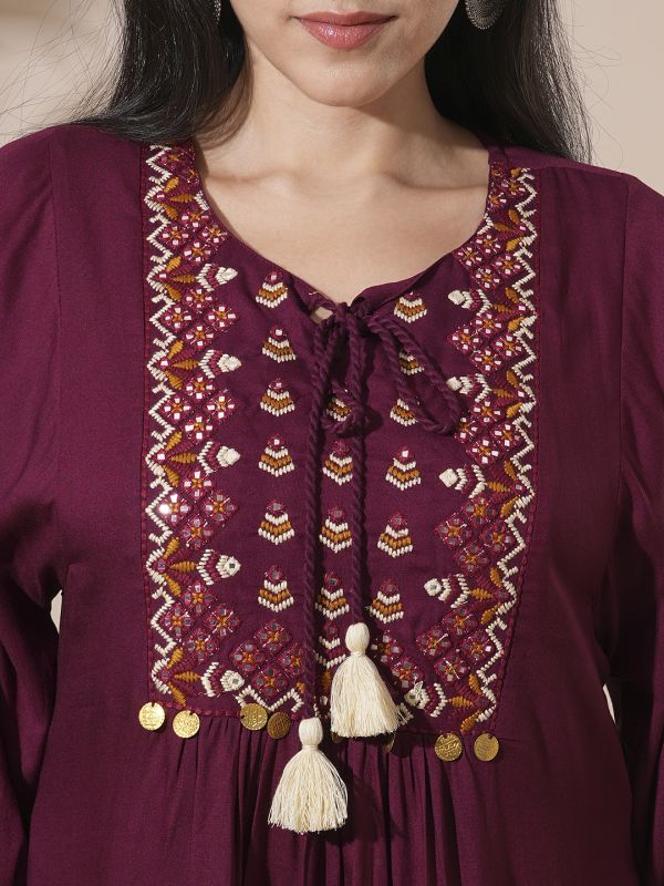Globus Women Burgundy Embroidered Yoke Tie-Up Detailing Bishop Sleeves Gathered A-Line Mini Workwear Dress