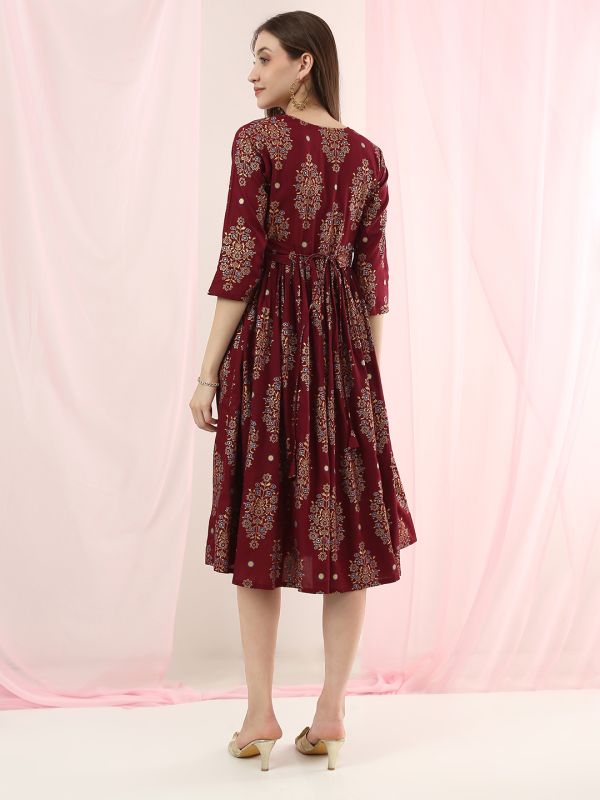 Globus Women Burgundy Ethnic Motifs Round Neck Belted Midi A-Line Dress