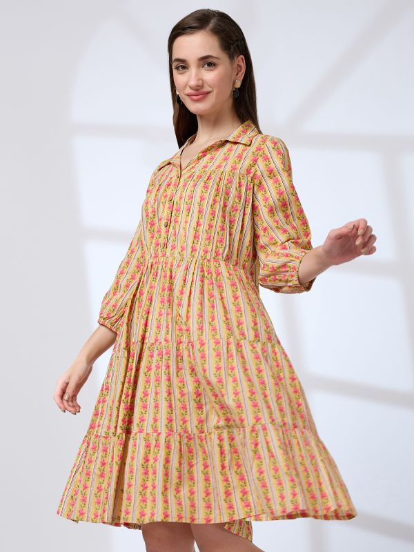 Globus Women Yellow Shirt Collar Regular Sleeves Floral Print A-line Tiered Work Wear Dress