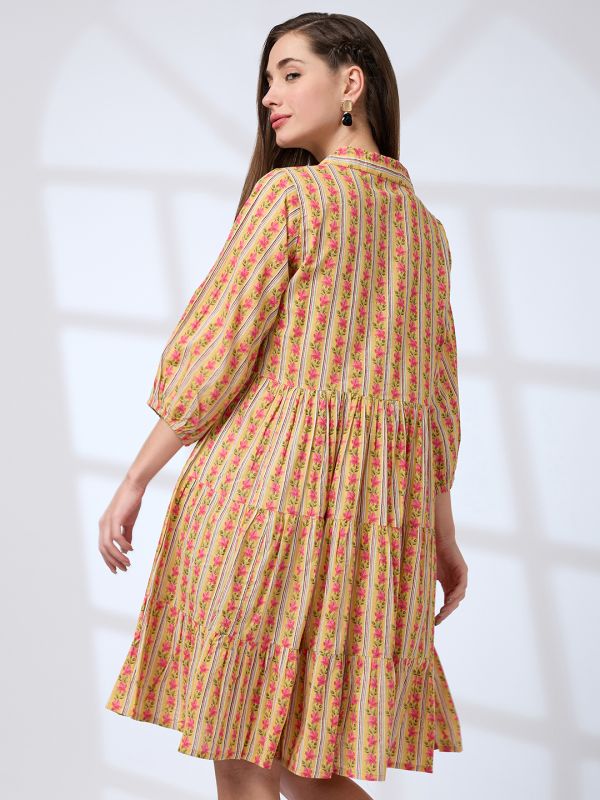 Globus Women Yellow Shirt Collar Regular Sleeves Floral Print A-line Tiered Work Wear Dress