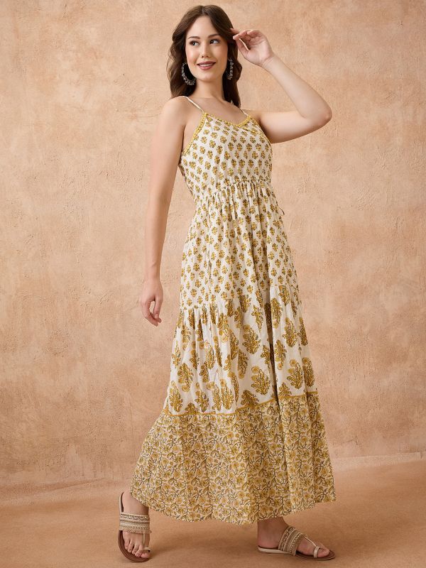 Globus Women Yellow Floral Print V-Neck Shoulder Strap Fit & Flared Tiered Maxi Fusion Dress