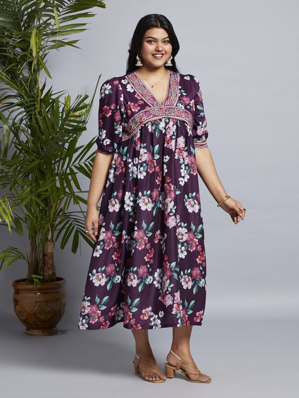 Globus Gloplus Women Burgundy V-Neck Puff Sleeves Floral Print Lace Detailing A-Line Plus Size Midi Fusion Dress
