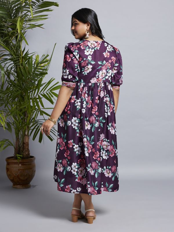 Globus Gloplus Women Burgundy V-Neck Puff Sleeves Floral Print Lace Detailing A-Line Plus Size Midi Fusion Dress