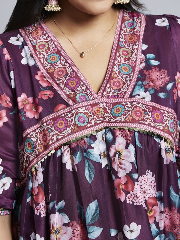 Globus Gloplus Women Burgundy V-Neck Puff Sleeves Floral Print Lace Detailing A-Line Plus Size Midi Fusion Dress