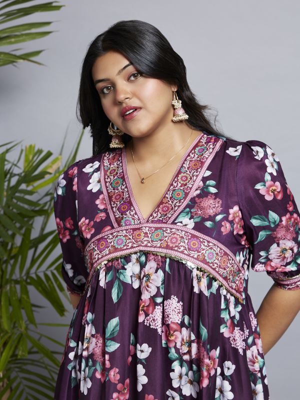 Globus Gloplus Women Burgundy V-Neck Puff Sleeves Floral Print Lace Detailing A-Line Plus Size Midi Fusion Dress