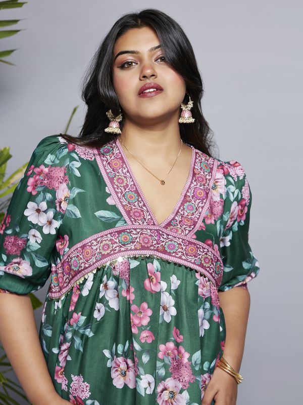 Globus Gloplus Women Green V-Neck Puff Sleeves Floral Print Lace Detailing A-Line Plus Size Midi Fusion Dress