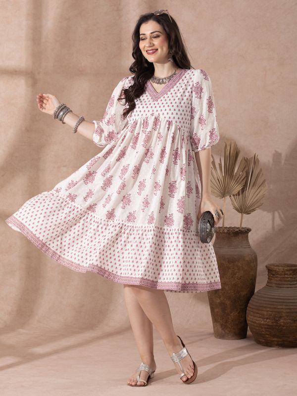 Globus Women Pink Ethnic Floral Print V-Neck Puff Sleeves Flared Hem Tiered A-Line Fusion Dress