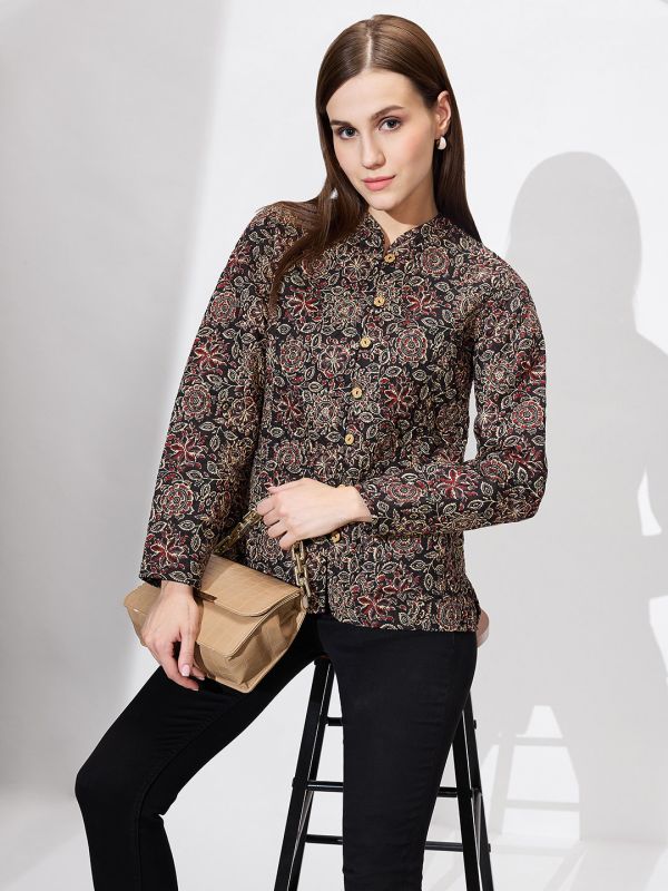 Globus Women Black Mandarin Collar Long Sleeves Floral Print Relaxed Fit Quilted Reversible Winter Shrug