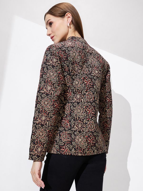 Globus Women Black Mandarin Collar Long Sleeves Floral Print Relaxed Fit Quilted Reversible Winter Shrug