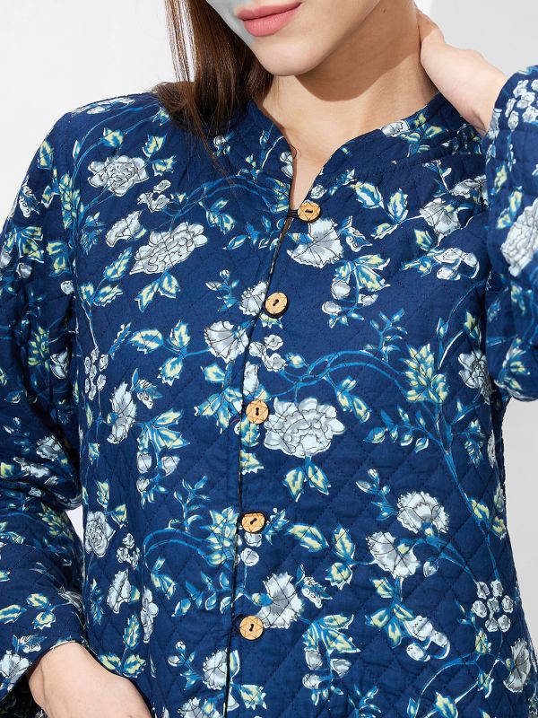 Globus Women Blue Mandarin Collar Long Sleeves Floral Print Quilted Knee Length Curved Hem Reversible Winter Shrug