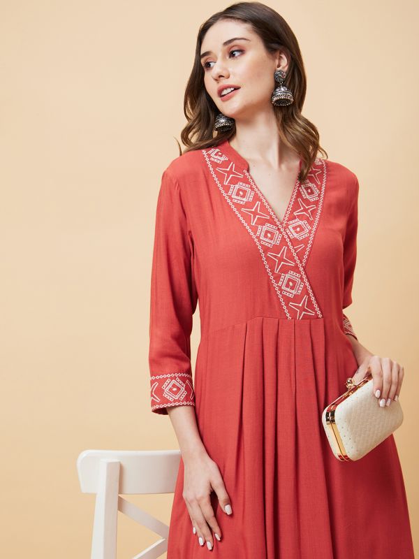 Globus Women Brown Embroidered Yoke Pleated Flared Hem A-Line Kurta