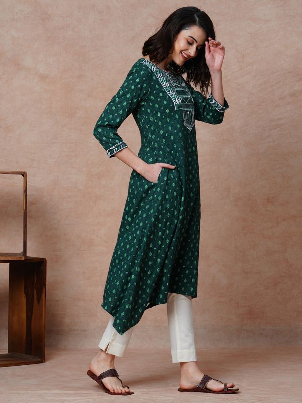 Globus Women Green Embroidered Yoke Allover Printed Asymmetric A-Line Kurta