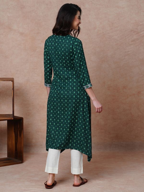 Globus Women Green Embroidered Yoke Allover Printed Asymmetric A-Line Kurta
