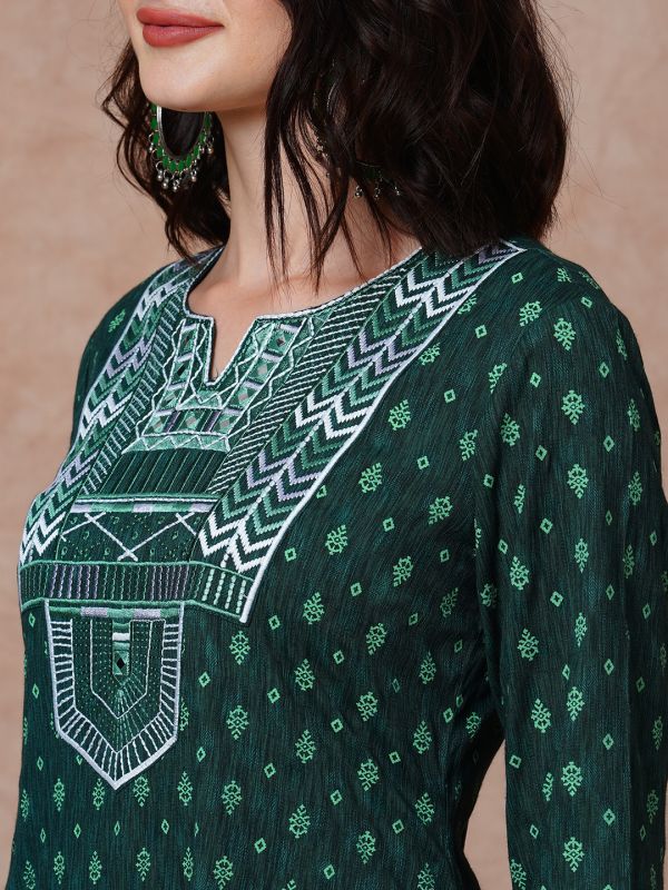 Globus Women Green Embroidered Yoke Allover Printed Asymmetric A-Line Kurta