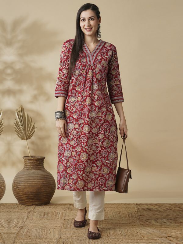 Globus Women Maroon Allover Floral Printed Sequin Detail V-Neck Pleated A-Line Kurta