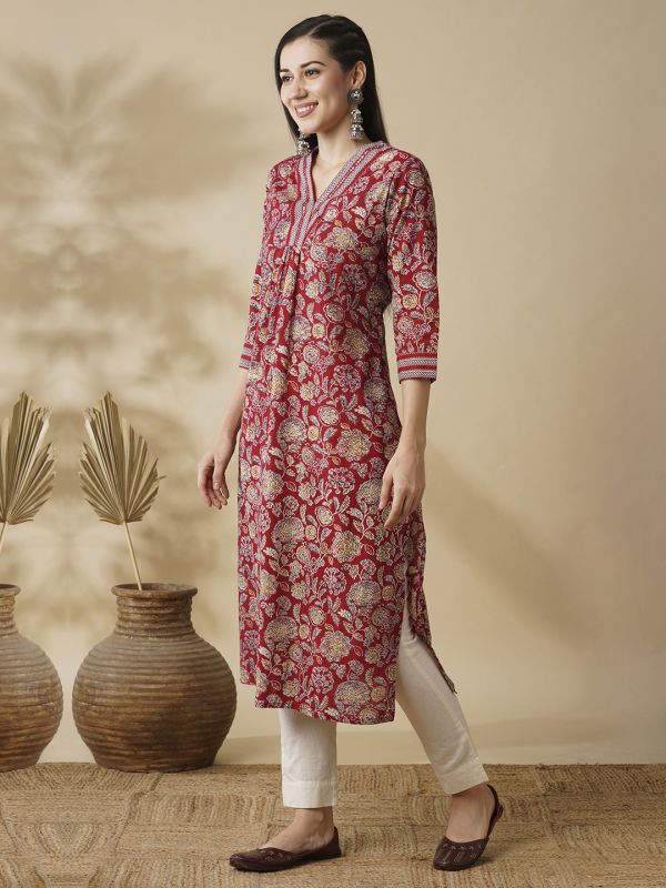 Globus Women Maroon Allover Floral Printed Sequin Detail V-Neck Pleated A-Line Kurta