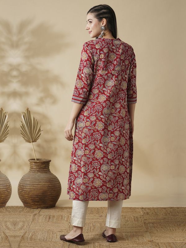 Globus Women Maroon Allover Floral Printed Sequin Detail V-Neck Pleated A-Line Kurta