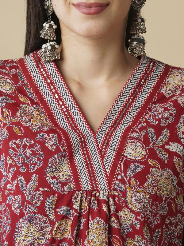 Globus Women Maroon Allover Floral Printed Sequin Detail V-Neck Pleated A-Line Kurta