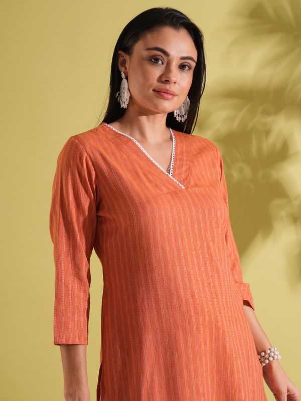 Globus Women Rust Lace Insert V-Neck Striped Woven Design Straight Workwear Kurta