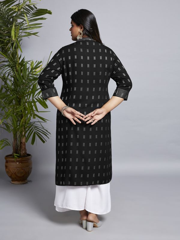 Globus Gloplus Women Black Mandarin Collar Zari Detail Woven Design Straight Plus Size Workwear Kurta