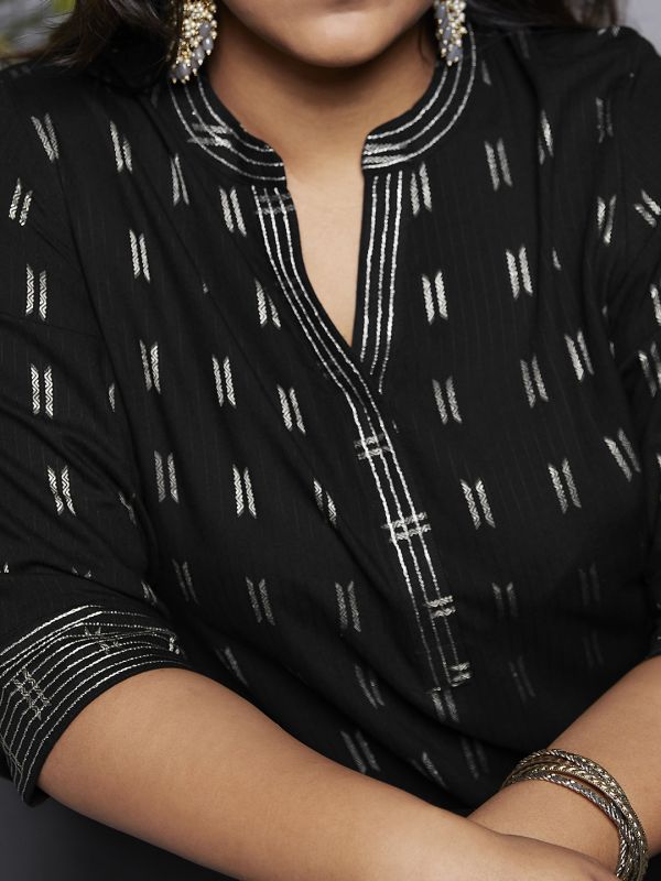 Globus Gloplus Women Black Mandarin Collar Zari Detail Woven Design Straight Plus Size Workwear Kurta