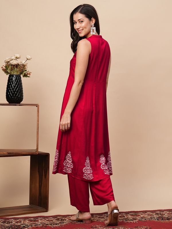 Globus Women Red Embroidered Yoke Panelled Gotta Lace A-Line Kurta With Straight Pants Festive Set
