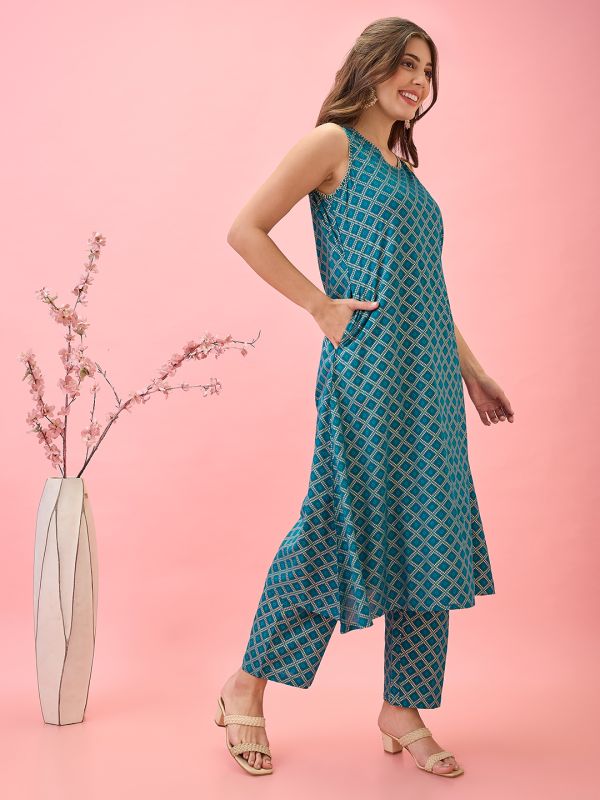 Globus Women Teal Thread Work Detail V-Neck A-Line Workwear Kurta & Pants Set