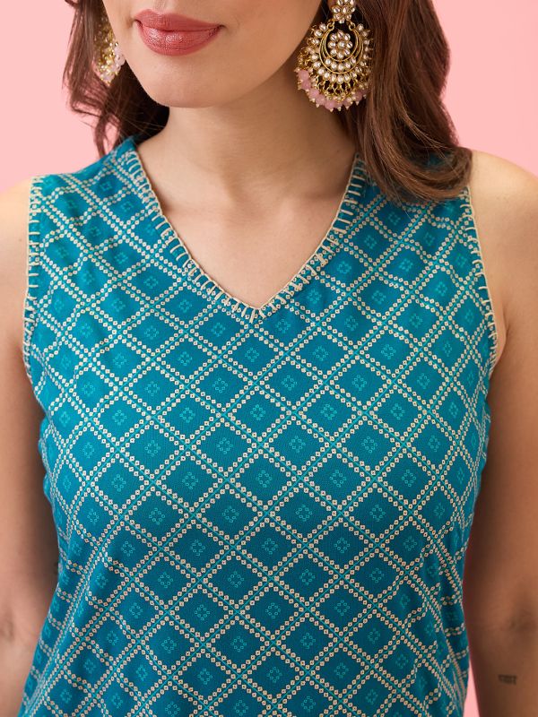 Globus Women Teal Thread Work Detail V-Neck A-Line Workwear Kurta & Pants Set
