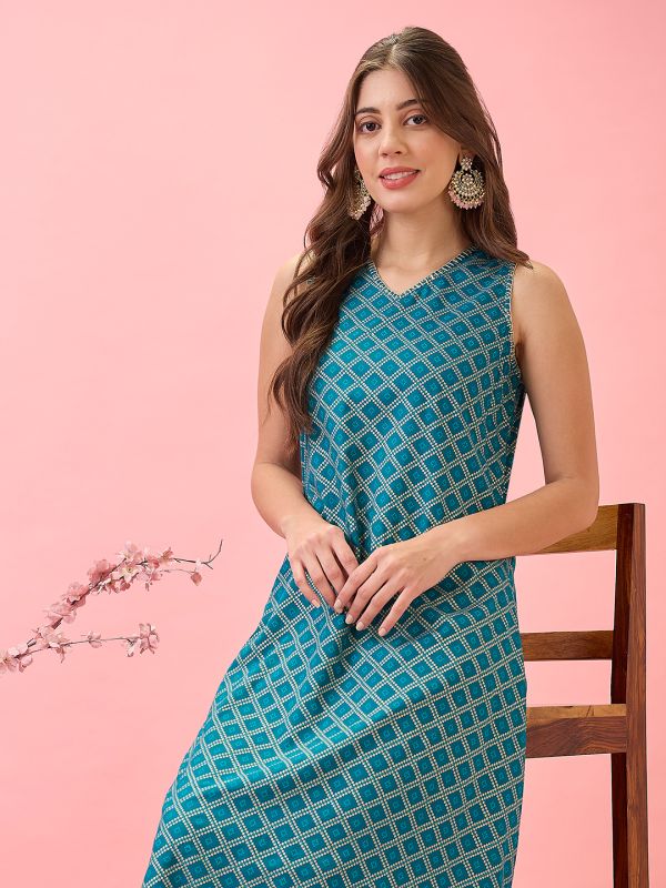 Globus Women Teal Thread Work Detail V-Neck A-Line Workwear Kurta & Pants Set