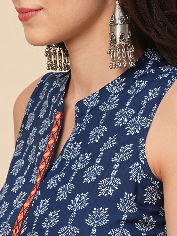 Globus Women Indigo Mandarin Collar Allover Ethnic Motifs Front Slit A-Line Kurta