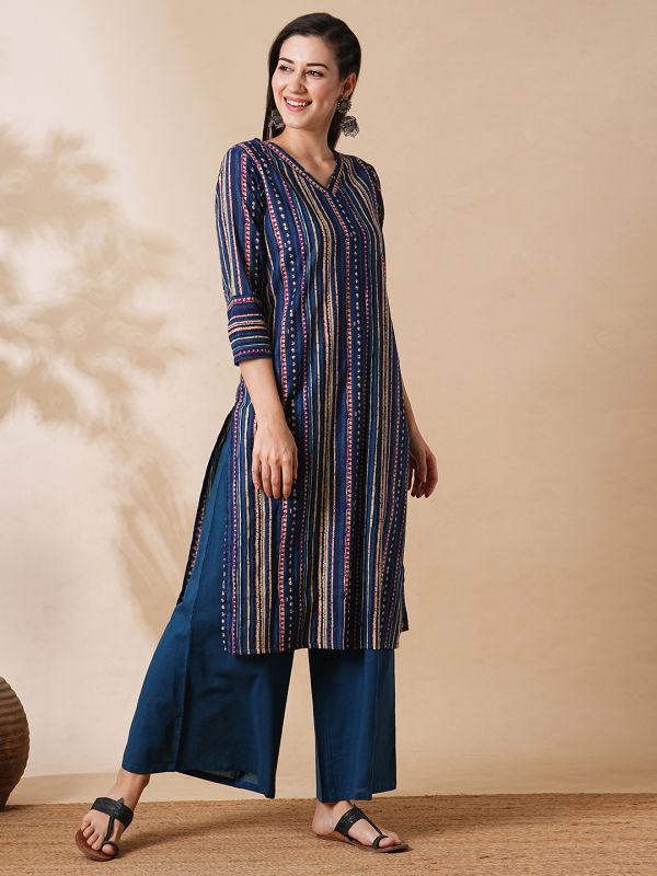 Globus Women Blue V-Neck Allover Geometric Stripe Printed Straight Kurta With Palazzos Workwear Set