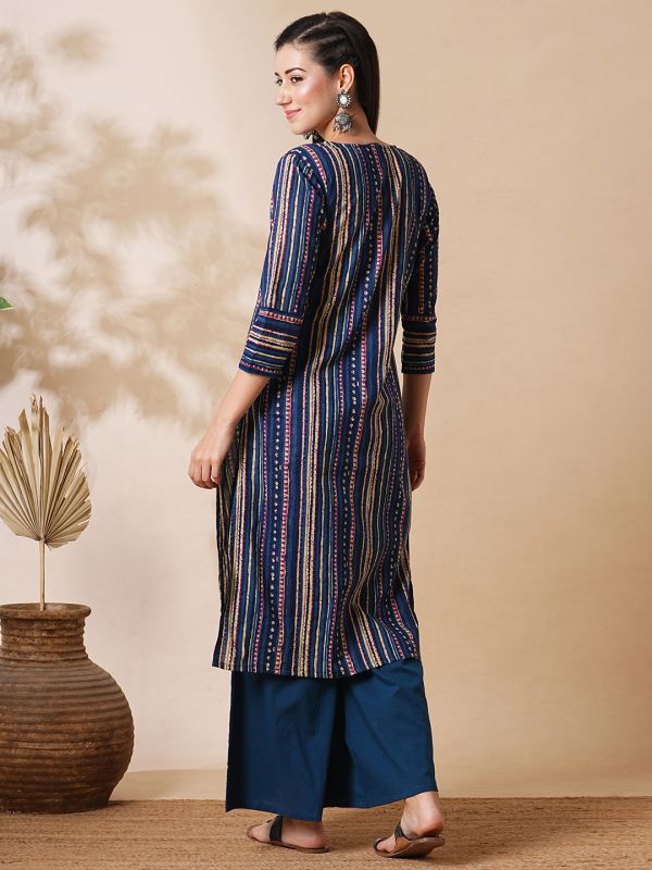 Globus Women Blue V-Neck Allover Geometric Stripe Printed Straight Kurta With Palazzos Workwear Set