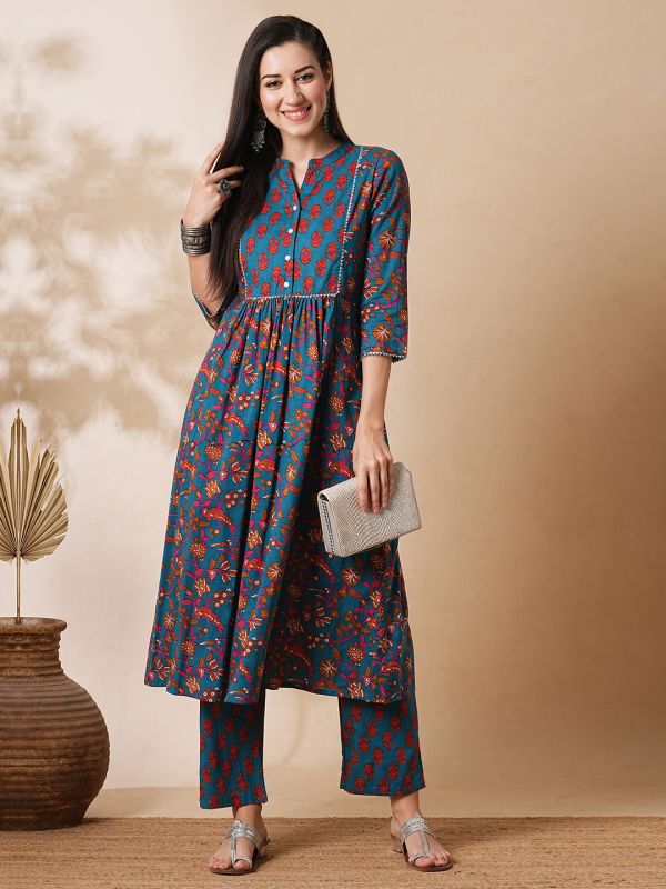 Globus Women Blue Floral Printed Gotta Lace Gathered A-Line Kurta With Straight Pants Workwear Set