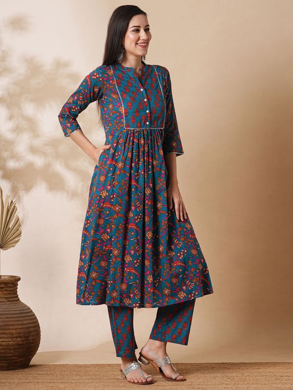 Globus Women Blue Floral Printed Gotta Lace Gathered A-Line Kurta With Straight Pants Workwear Set