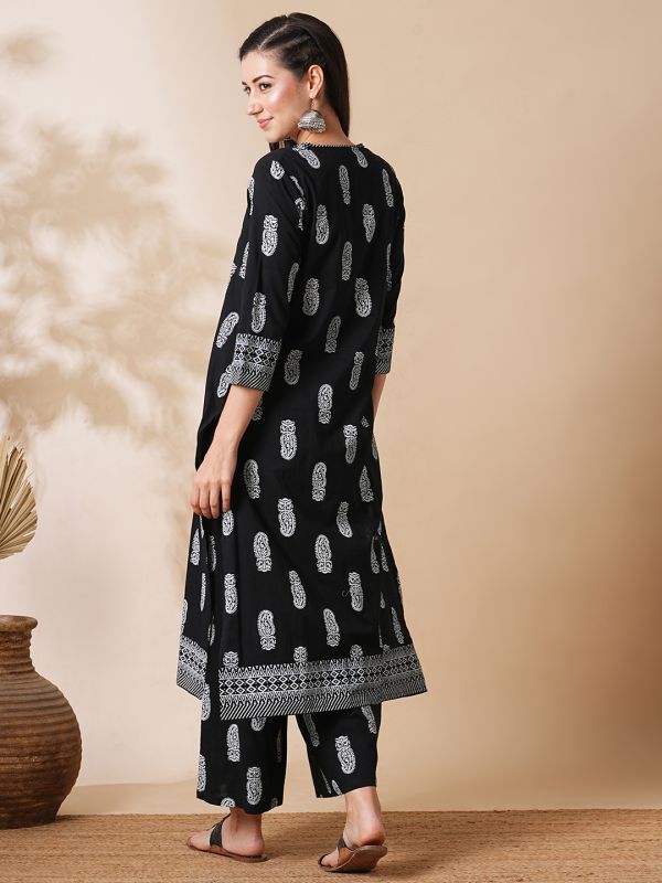 Globus Women Black Allover Paisley Printed Straight Kurta With Palazzos Workwear Set