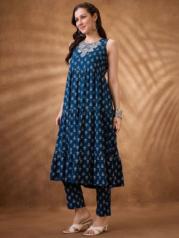 Globus Women Blue Embroidered Yoke Floral Print Tiered A-Line Kurta With Narrow Pants Set