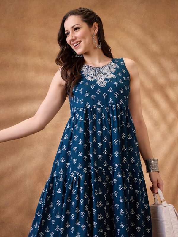 Globus Women Blue Embroidered Yoke Floral Print Tiered A-Line Kurta With Narrow Pants Set