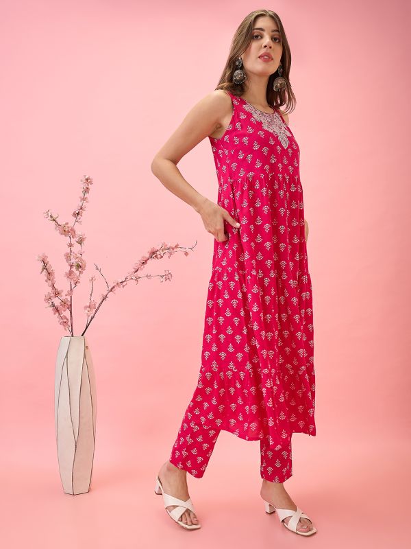 Globus Women Pink Embroidered Yoke Floral Print Tiered A-Line Festive Kurta & Pants Set
