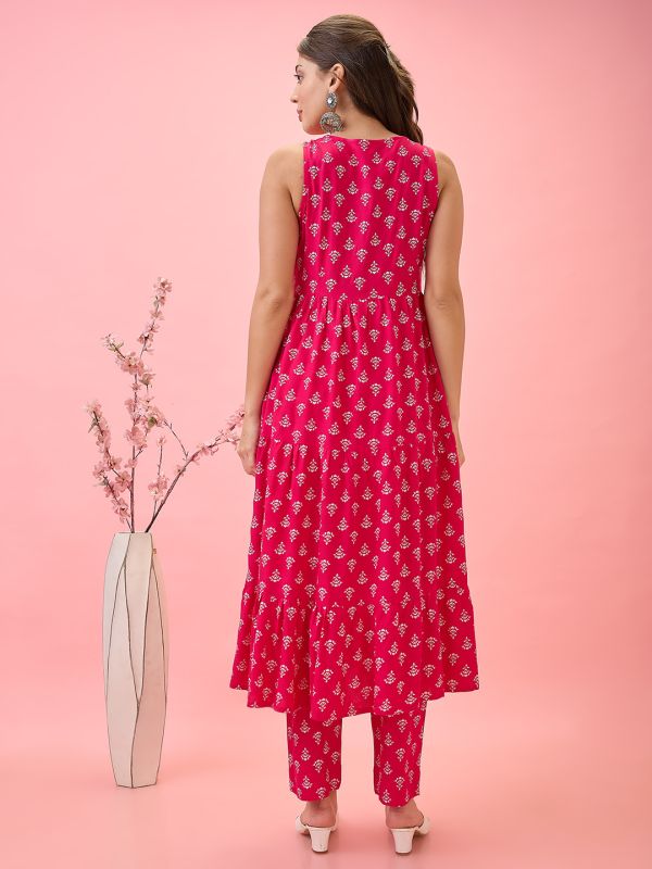 Globus Women Pink Embroidered Yoke Floral Print Tiered A-Line Festive Kurta & Pants Set