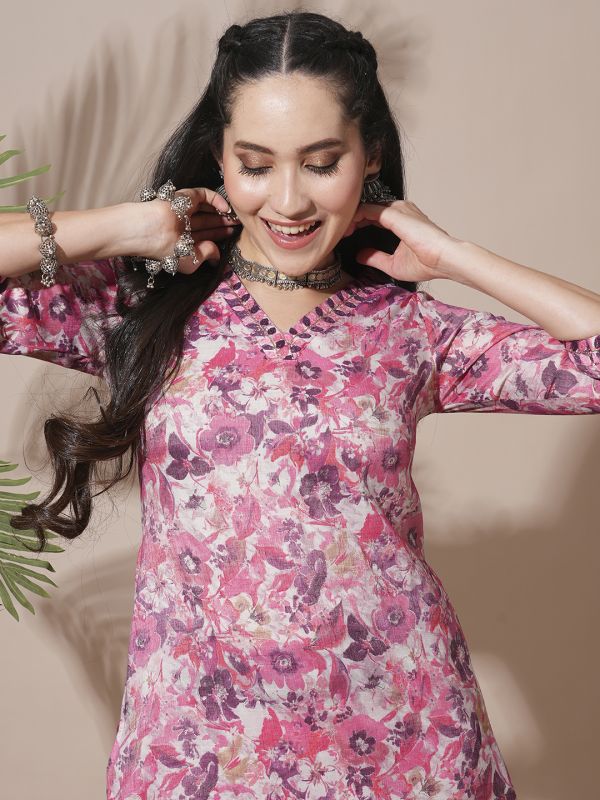 Globus Women Pink Floral Print V-Neck Straight Kurta With Elasticated Waist Pant Workwear Set