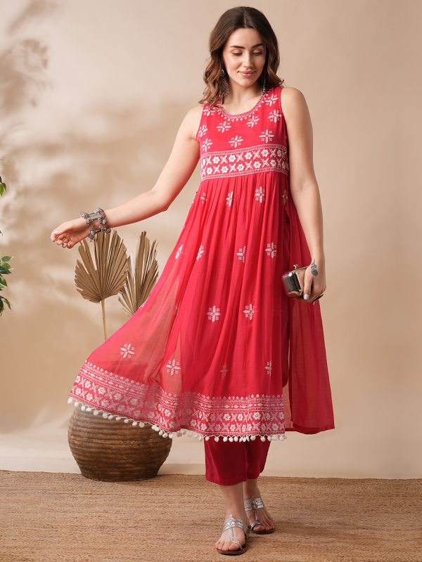 Globus Women Red Floral Embroidered Pleated High-Slit Pom Pom Hem A-Line Kurta & Pants Festive Set
