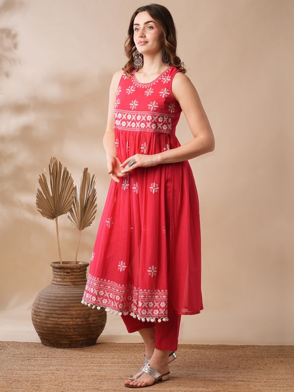 Globus Women Red Floral Embroidered Pleated High-Slit Pom Pom Hem A-Line Kurta & Pants Festive Set